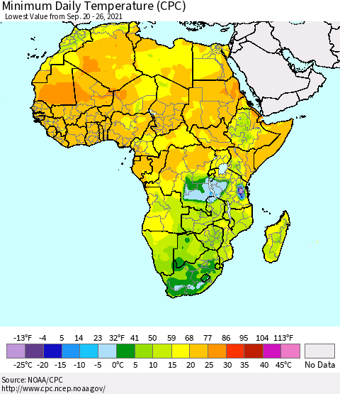 Africa Minimum Daily Temperature (CPC) Thematic Map For 9/20/2021 - 9/26/2021