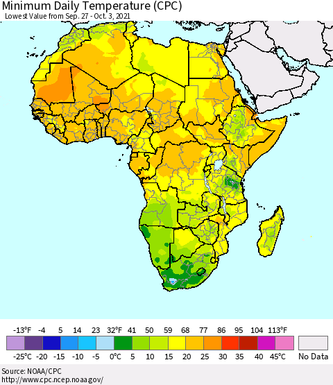 Africa Minimum Daily Temperature (CPC) Thematic Map For 9/27/2021 - 10/3/2021