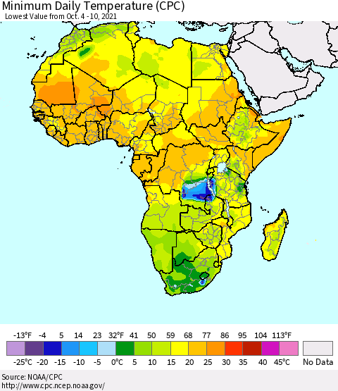 Africa Minimum Daily Temperature (CPC) Thematic Map For 10/4/2021 - 10/10/2021