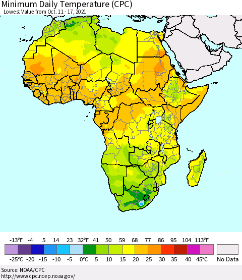Africa Minimum Daily Temperature (CPC) Thematic Map For 10/11/2021 - 10/17/2021