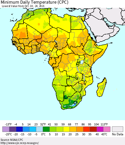 Africa Minimum Daily Temperature (CPC) Thematic Map For 10/18/2021 - 10/24/2021