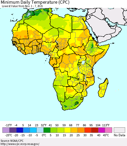 Africa Minimum Daily Temperature (CPC) Thematic Map For 11/1/2021 - 11/7/2021