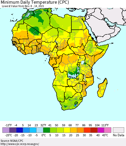 Africa Minimum Daily Temperature (CPC) Thematic Map For 11/8/2021 - 11/14/2021