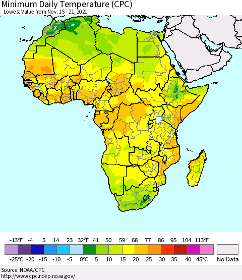 Africa Minimum Daily Temperature (CPC) Thematic Map For 11/15/2021 - 11/21/2021