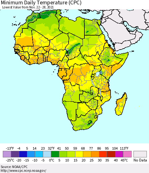 Africa Minimum Daily Temperature (CPC) Thematic Map For 11/22/2021 - 11/28/2021