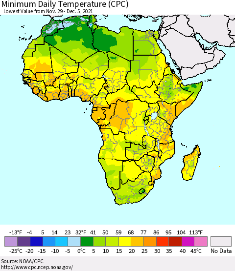 Africa Minimum Daily Temperature (CPC) Thematic Map For 11/29/2021 - 12/5/2021