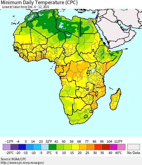 Africa Minimum Daily Temperature (CPC) Thematic Map For 12/6/2021 - 12/12/2021