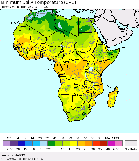 Africa Minimum Daily Temperature (CPC) Thematic Map For 12/13/2021 - 12/19/2021