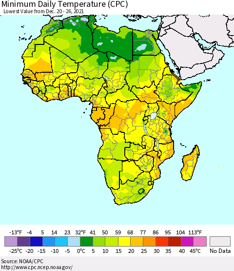 Africa Minimum Daily Temperature (CPC) Thematic Map For 12/20/2021 - 12/26/2021