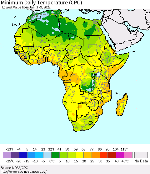 Africa Minimum Daily Temperature (CPC) Thematic Map For 1/3/2022 - 1/9/2022