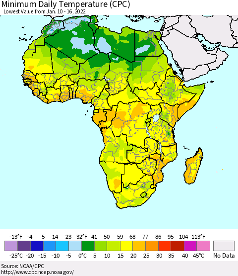 Africa Minimum Daily Temperature (CPC) Thematic Map For 1/10/2022 - 1/16/2022