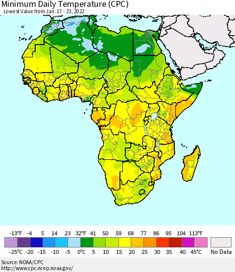 Africa Minimum Daily Temperature (CPC) Thematic Map For 1/17/2022 - 1/23/2022