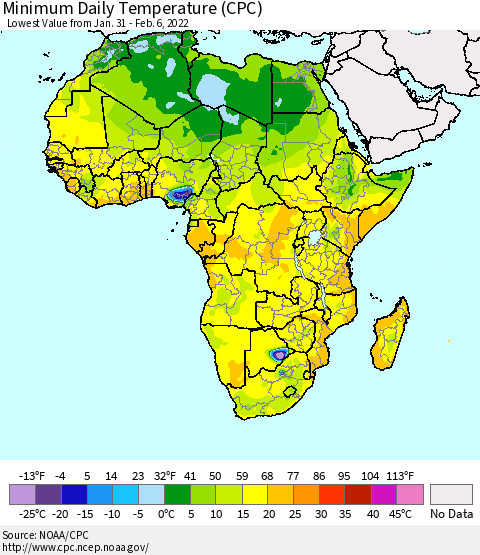Africa Minimum Daily Temperature (CPC) Thematic Map For 1/31/2022 - 2/6/2022