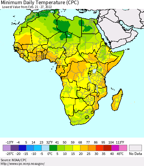 Africa Minimum Daily Temperature (CPC) Thematic Map For 2/21/2022 - 2/27/2022