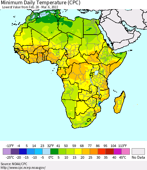 Africa Minimum Daily Temperature (CPC) Thematic Map For 2/28/2022 - 3/6/2022