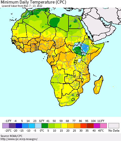 Africa Minimum Daily Temperature (CPC) Thematic Map For 3/7/2022 - 3/13/2022
