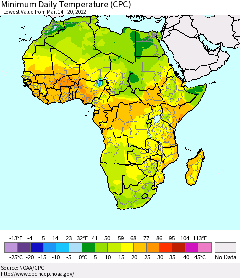 Africa Minimum Daily Temperature (CPC) Thematic Map For 3/14/2022 - 3/20/2022