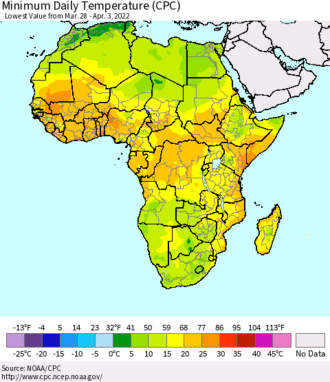 Africa Minimum Daily Temperature (CPC) Thematic Map For 3/28/2022 - 4/3/2022