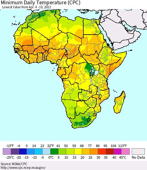 Africa Minimum Daily Temperature (CPC) Thematic Map For 4/4/2022 - 4/10/2022