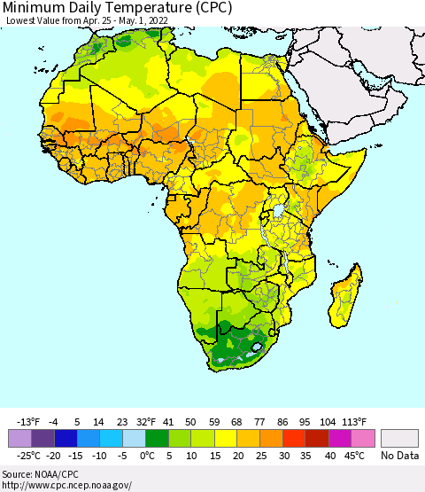 Africa Minimum Daily Temperature (CPC) Thematic Map For 4/25/2022 - 5/1/2022