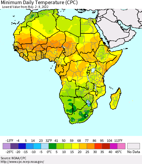 Africa Minimum Daily Temperature (CPC) Thematic Map For 5/2/2022 - 5/8/2022