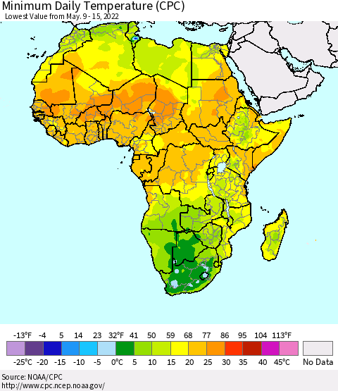 Africa Minimum Daily Temperature (CPC) Thematic Map For 5/9/2022 - 5/15/2022