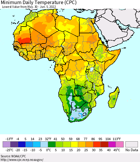 Africa Minimum Daily Temperature (CPC) Thematic Map For 5/30/2022 - 6/5/2022