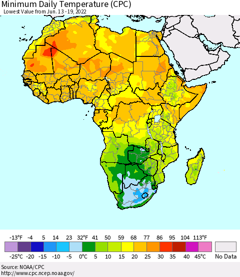 Africa Minimum Daily Temperature (CPC) Thematic Map For 6/13/2022 - 6/19/2022