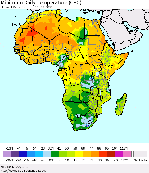 Africa Minimum Daily Temperature (CPC) Thematic Map For 7/11/2022 - 7/17/2022