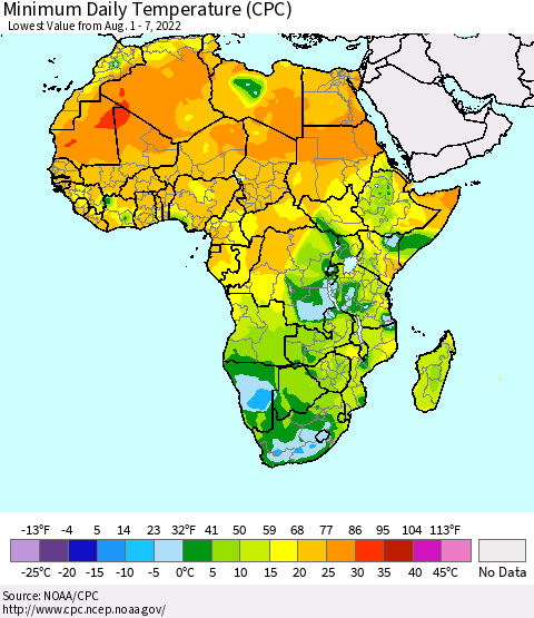 Africa Minimum Daily Temperature (CPC) Thematic Map For 8/1/2022 - 8/7/2022