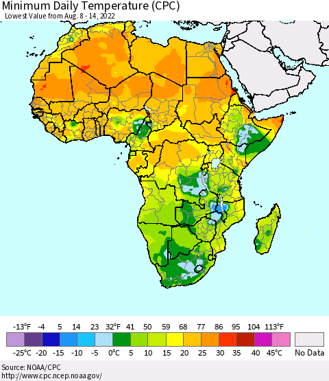 Africa Minimum Daily Temperature (CPC) Thematic Map For 8/8/2022 - 8/14/2022