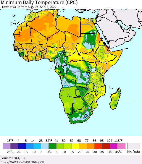 Africa Minimum Daily Temperature (CPC) Thematic Map For 8/29/2022 - 9/4/2022
