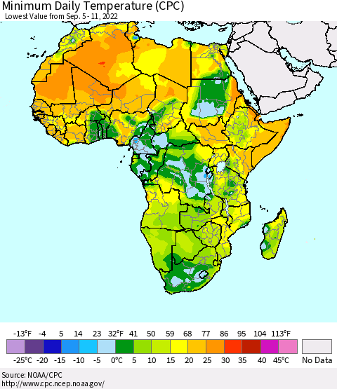 Africa Minimum Daily Temperature (CPC) Thematic Map For 9/5/2022 - 9/11/2022