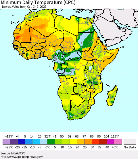 Africa Minimum Daily Temperature (CPC) Thematic Map For 10/3/2022 - 10/9/2022