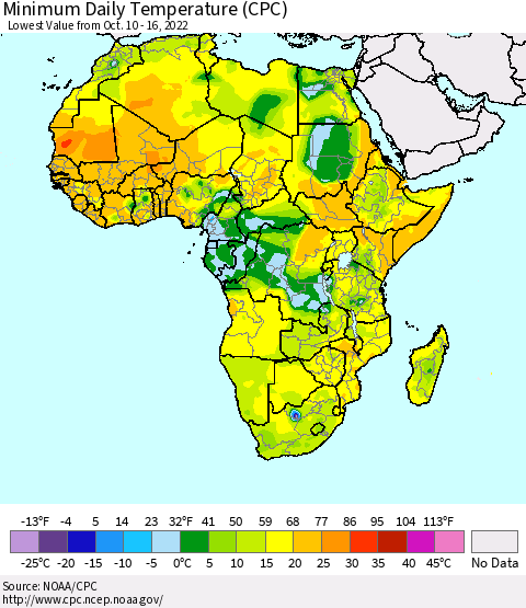 Africa Minimum Daily Temperature (CPC) Thematic Map For 10/10/2022 - 10/16/2022