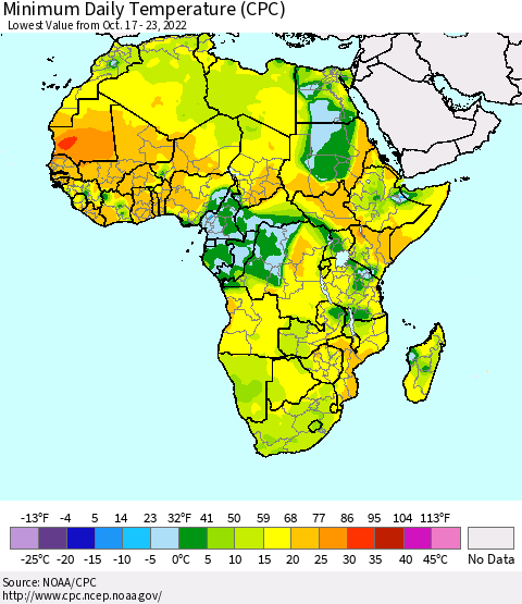Africa Minimum Daily Temperature (CPC) Thematic Map For 10/17/2022 - 10/23/2022