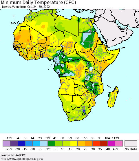 Africa Minimum Daily Temperature (CPC) Thematic Map For 10/24/2022 - 10/30/2022
