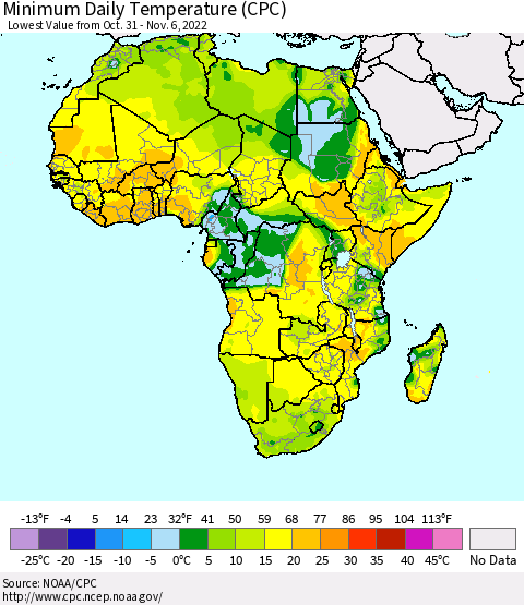 Africa Minimum Daily Temperature (CPC) Thematic Map For 10/31/2022 - 11/6/2022