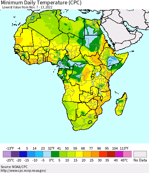 Africa Minimum Daily Temperature (CPC) Thematic Map For 11/7/2022 - 11/13/2022