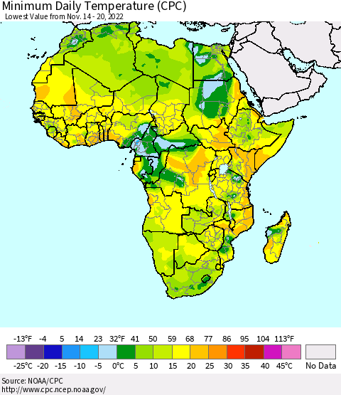 Africa Minimum Daily Temperature (CPC) Thematic Map For 11/14/2022 - 11/20/2022