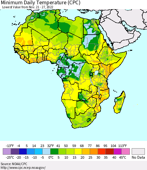 Africa Minimum Daily Temperature (CPC) Thematic Map For 11/21/2022 - 11/27/2022