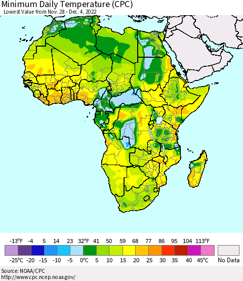 Africa Minimum Daily Temperature (CPC) Thematic Map For 11/28/2022 - 12/4/2022