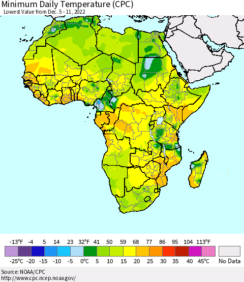Africa Minimum Daily Temperature (CPC) Thematic Map For 12/5/2022 - 12/11/2022