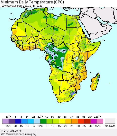 Africa Minimum Daily Temperature (CPC) Thematic Map For 12/12/2022 - 12/18/2022