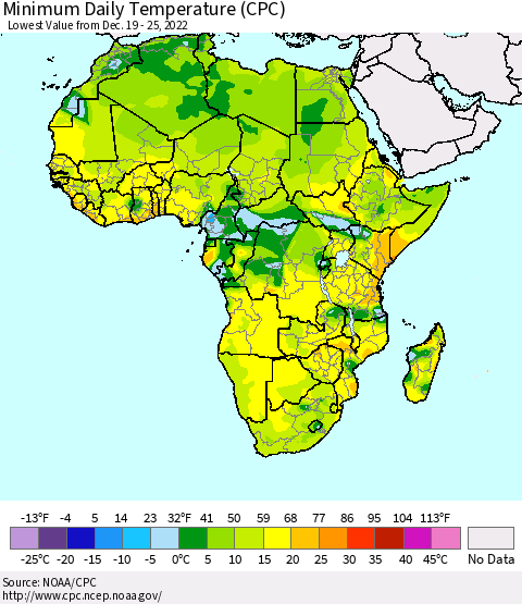 Africa Minimum Daily Temperature (CPC) Thematic Map For 12/19/2022 - 12/25/2022