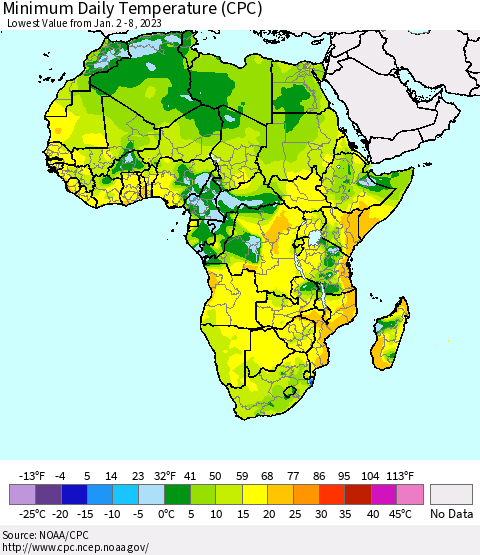 Africa Minimum Daily Temperature (CPC) Thematic Map For 1/2/2023 - 1/8/2023