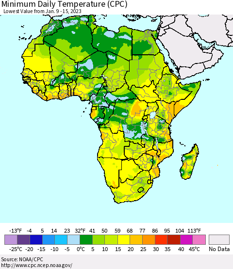 Africa Minimum Daily Temperature (CPC) Thematic Map For 1/9/2023 - 1/15/2023