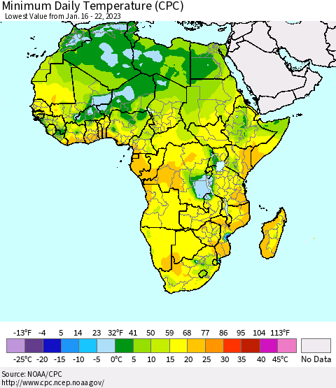 Africa Minimum Daily Temperature (CPC) Thematic Map For 1/16/2023 - 1/22/2023