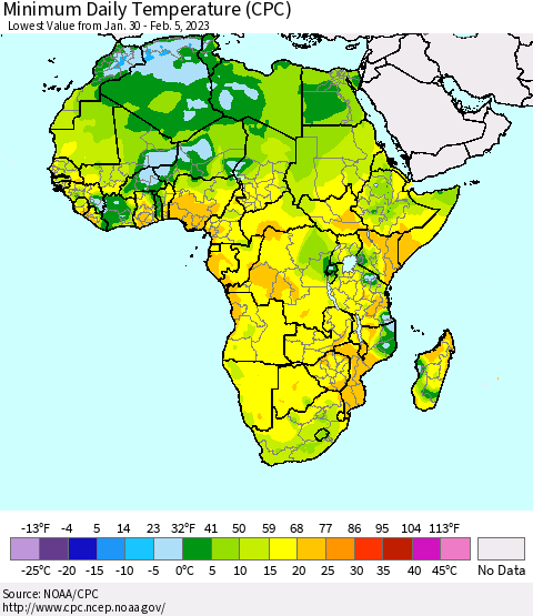 Africa Minimum Daily Temperature (CPC) Thematic Map For 1/30/2023 - 2/5/2023
