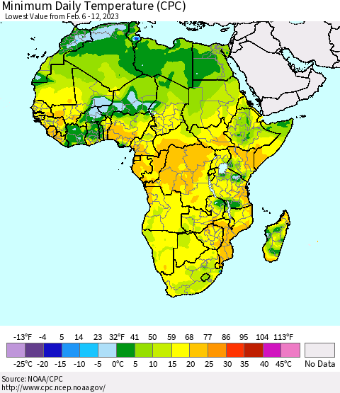 Africa Minimum Daily Temperature (CPC) Thematic Map For 2/6/2023 - 2/12/2023